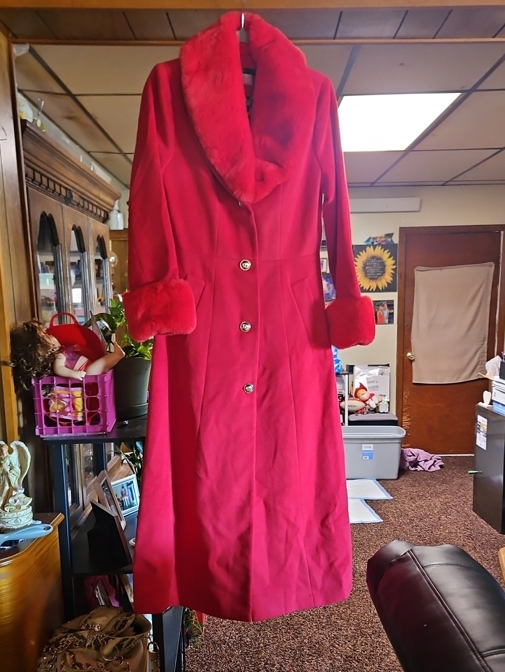 VENUS Red Long Coat with Faux Fur Collar and Cuffs